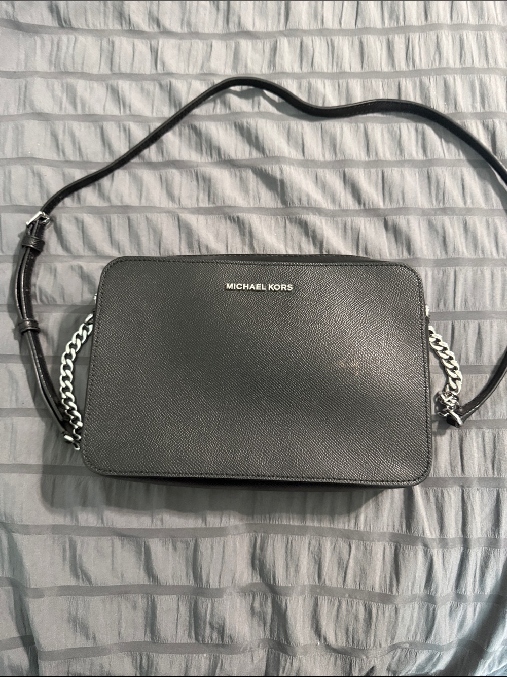 Michael Kors Black Leather Crossbody with Silver Chain Accents